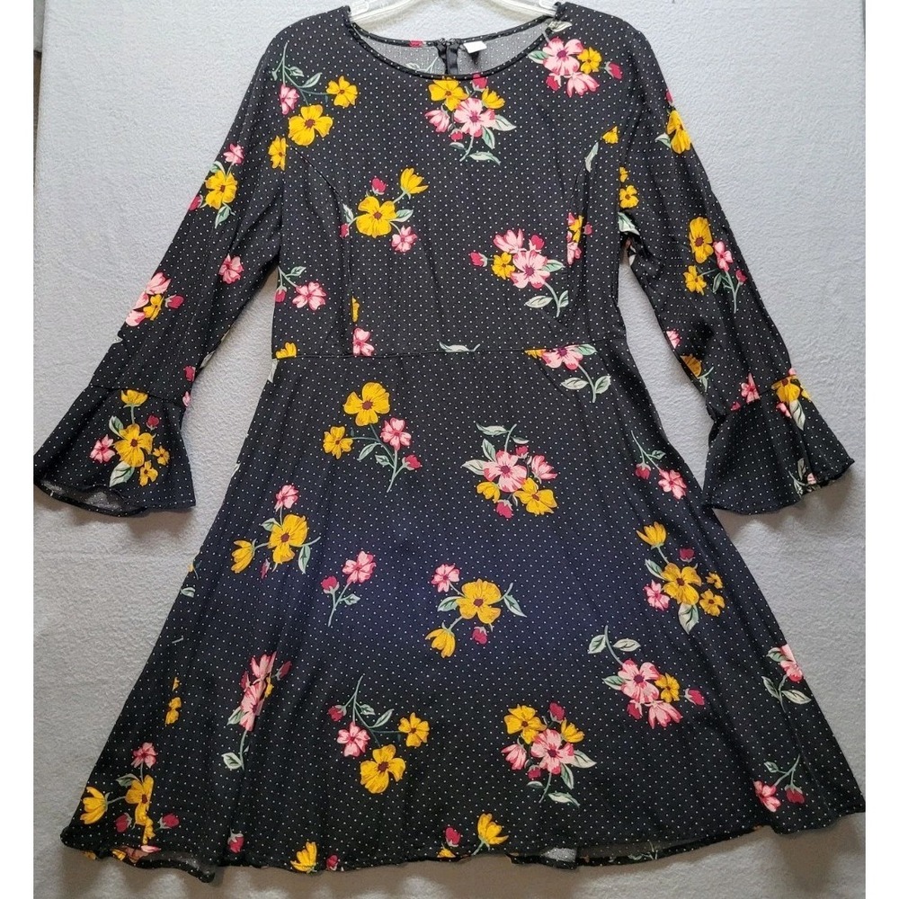Old Navy A-Line Dress Women's Size Large LS Fluted Rayo Black Floral Bell Cuff